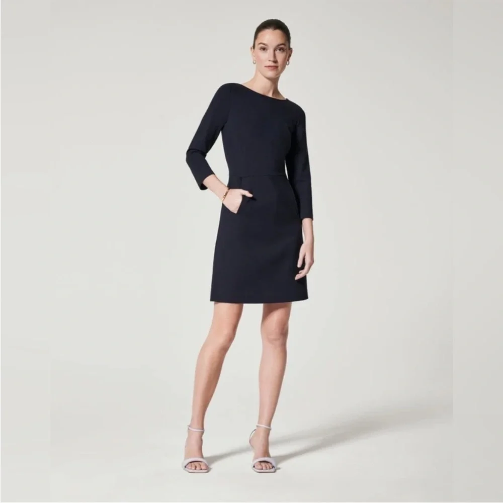 SPANX The Perfect A Line Dress Ponte Stretch 3/4 Sleeve Classic Black Size M